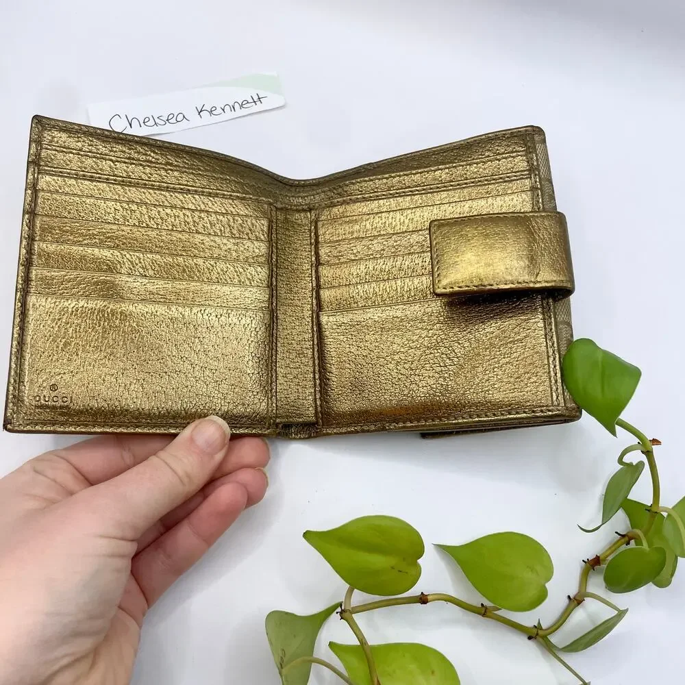 Gucci Gold Bow Beige Brown GG Canvas Leather Compact Square Wallet - Picture 6 of 10